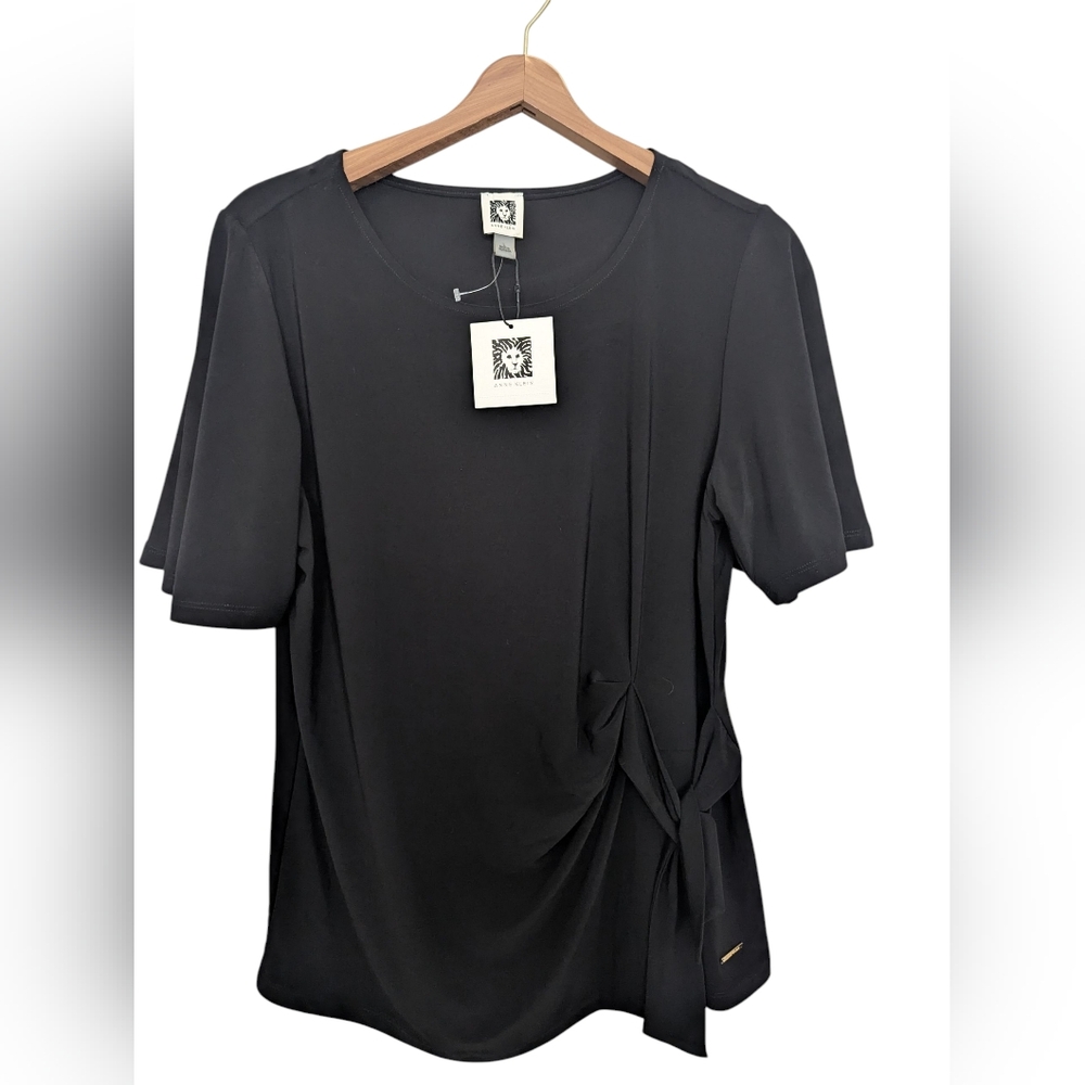 ANNE KLEIN Black Short-Sleeve Top With Side Tie/Gather Large